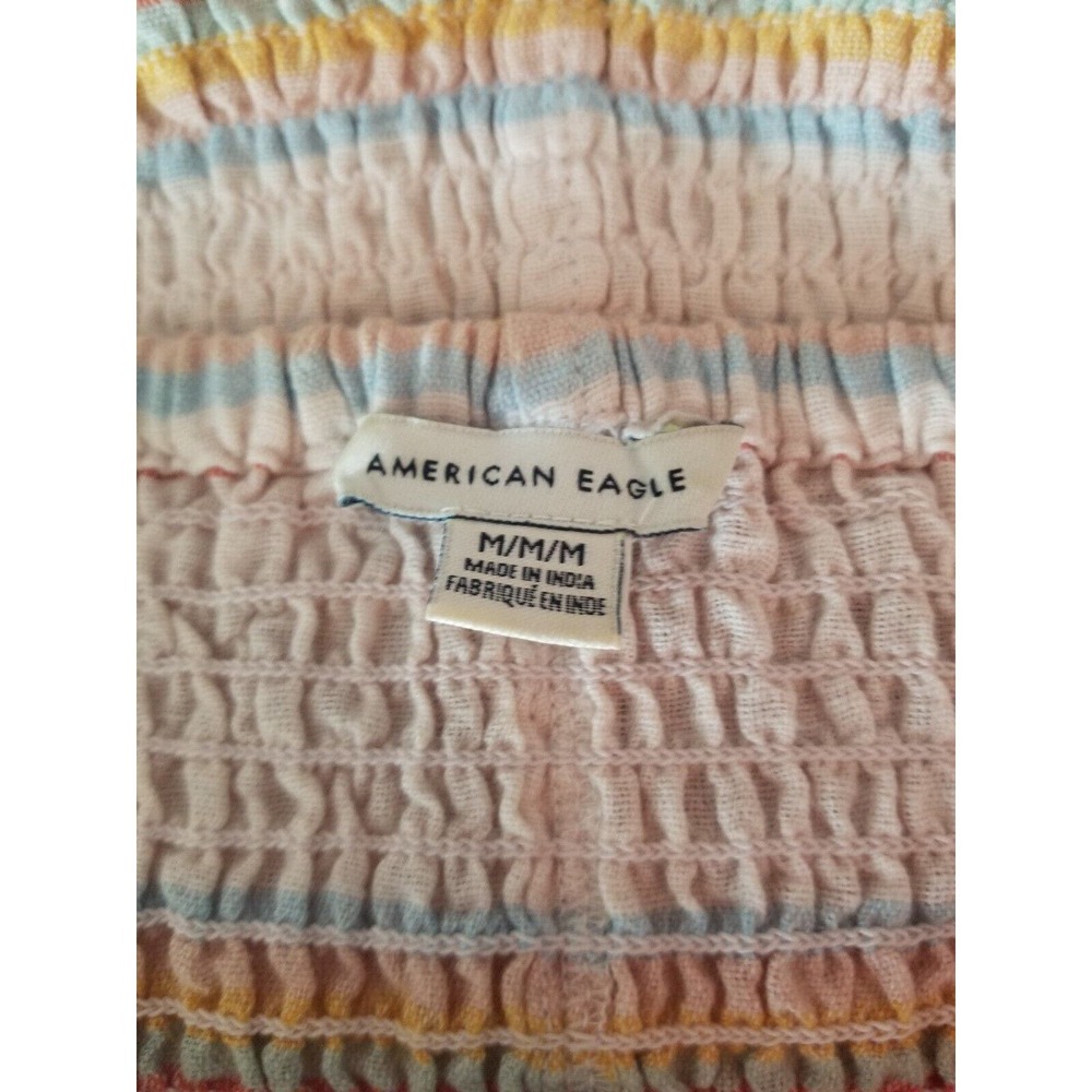 American Eagle Medium Top Smocked Peplum Crop Linen Blend Striped Women’s - Picture 8 of 10